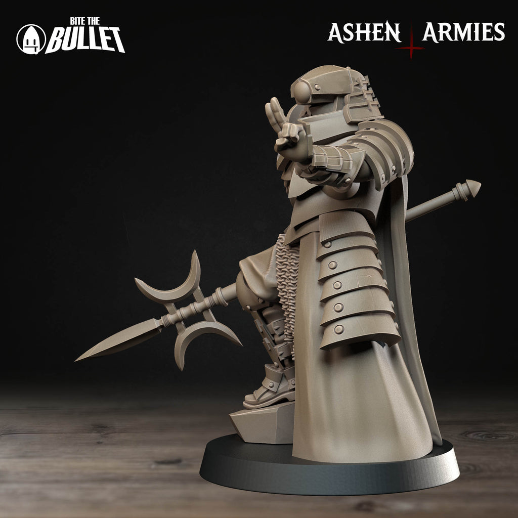 Ashen Armies Holy Shogunate Observer resin miniature with polearm, shown from the left with two fingers raised.