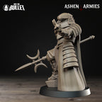 Ashen Armies Holy Shogunate Observer resin miniature with polearm, shown from the left with two fingers raised.