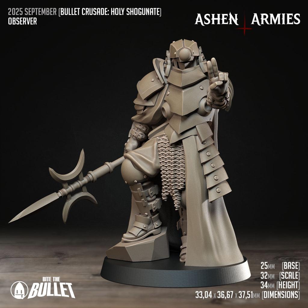 Ashen Armies Holy Shogunate Observer resin miniature with polearm, facing viewer with two fingers raised. Showing stats.