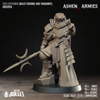 Ashen Armies Holy Shogunate Observer resin miniature with polearm, facing viewer with two fingers raised. Showing stats.