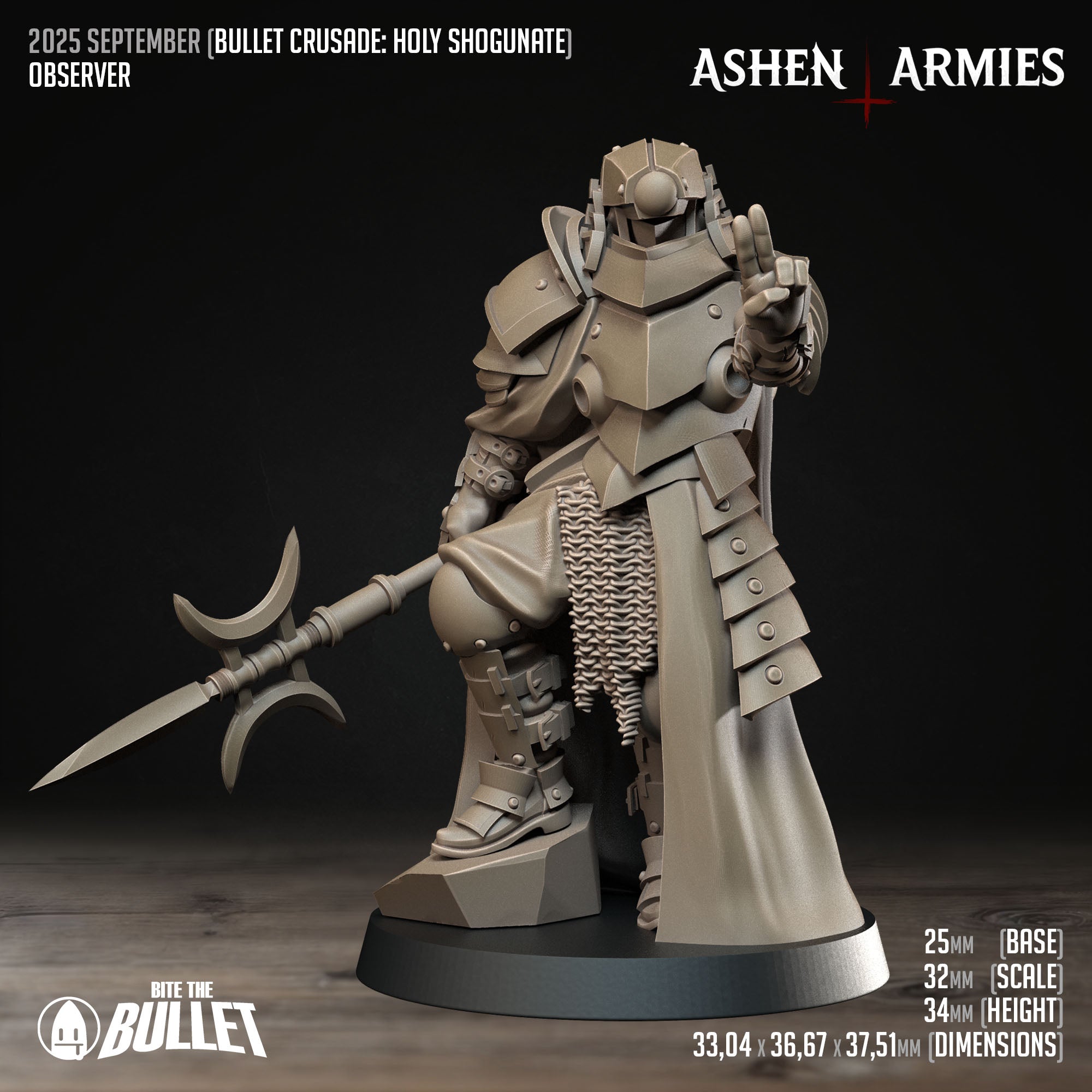 Ashen Armies Holy Shogunate Observer resin miniature with polearm, facing viewer with two fingers raised. Showing stats.