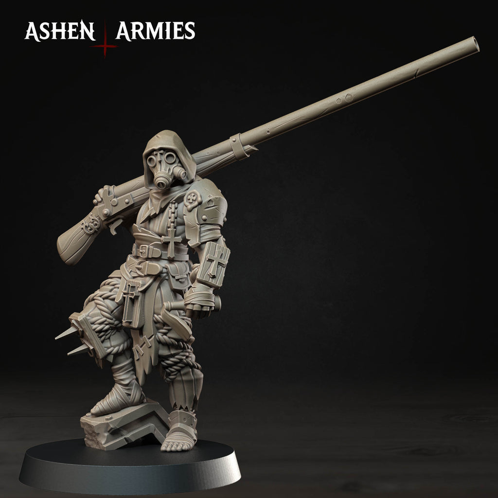 Ashen Armies Bleeding Procession Puntgun Pilgrim resin miniature with a gas mask head.