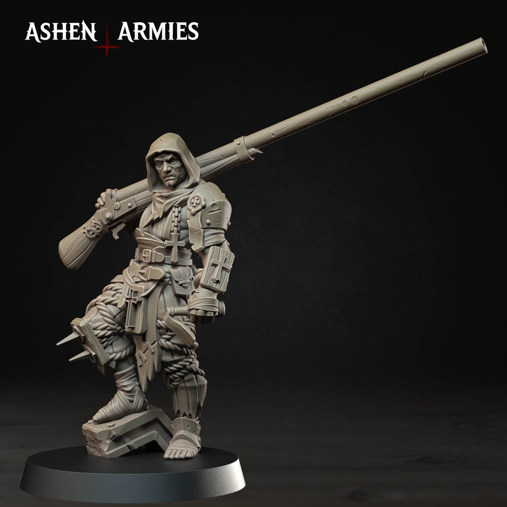 Ashen Armies Bleeding Procession Puntgun Pilgrim resin miniature with a hooded head.