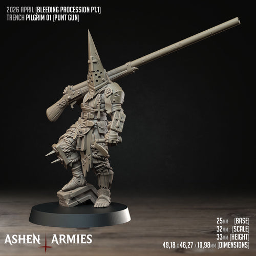 Ashen Armies Bleeding Procession Pilgrim resin miniature with one foot resting on a section of metal beam.
