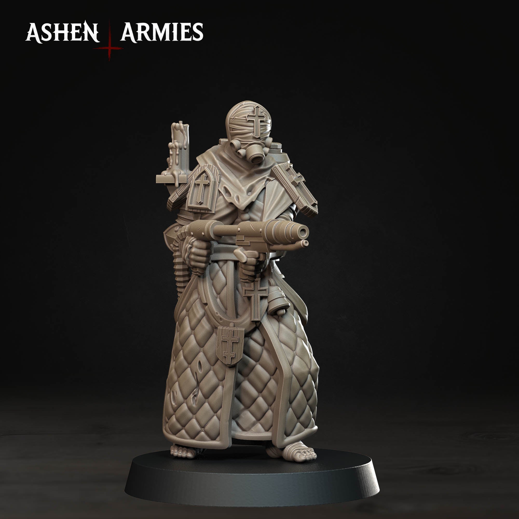 Ashen Armies Bleeding Procession Pilgrim resin miniature with flamethrower and gas mask head