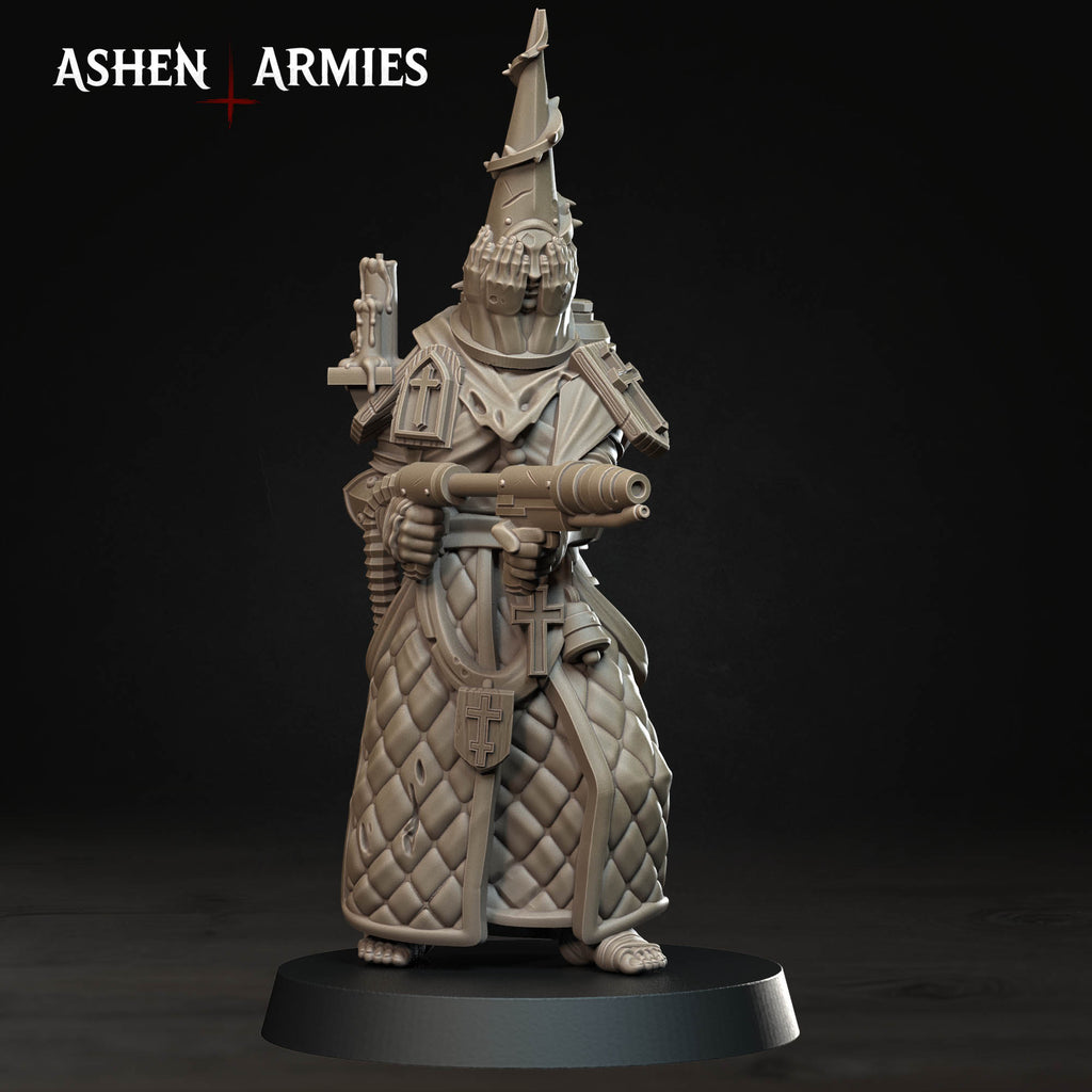 Ashen Armies Bleeding Procession Pilgrim resin miniature with flamethrower and praying capirote head