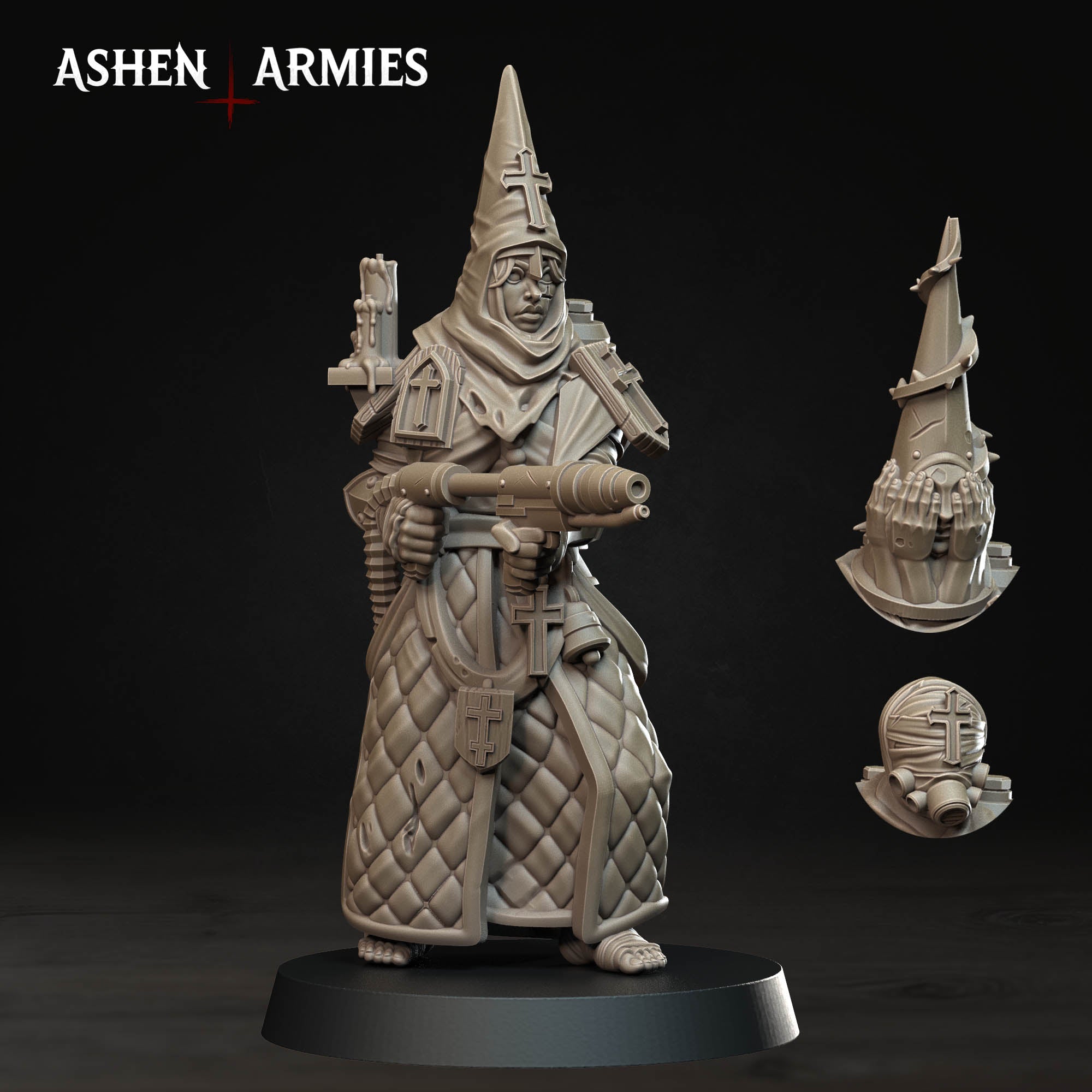 Ashen Armies Bleeding Procession Pilgrim resin miniature with flamethrower showing different head options.