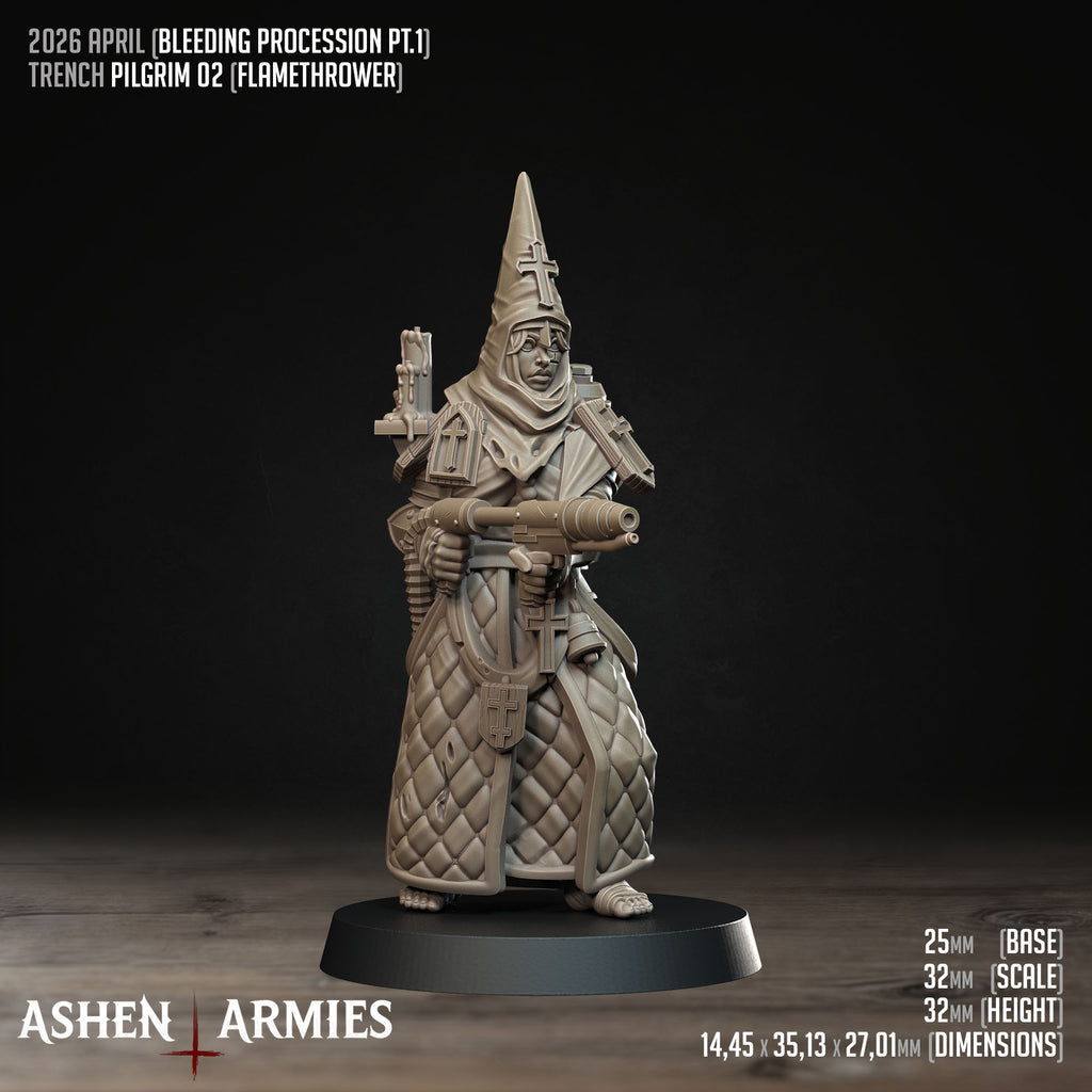 Ashen Armies Bleeding Procession Pilgrim resin miniature wearing a quilted coat.