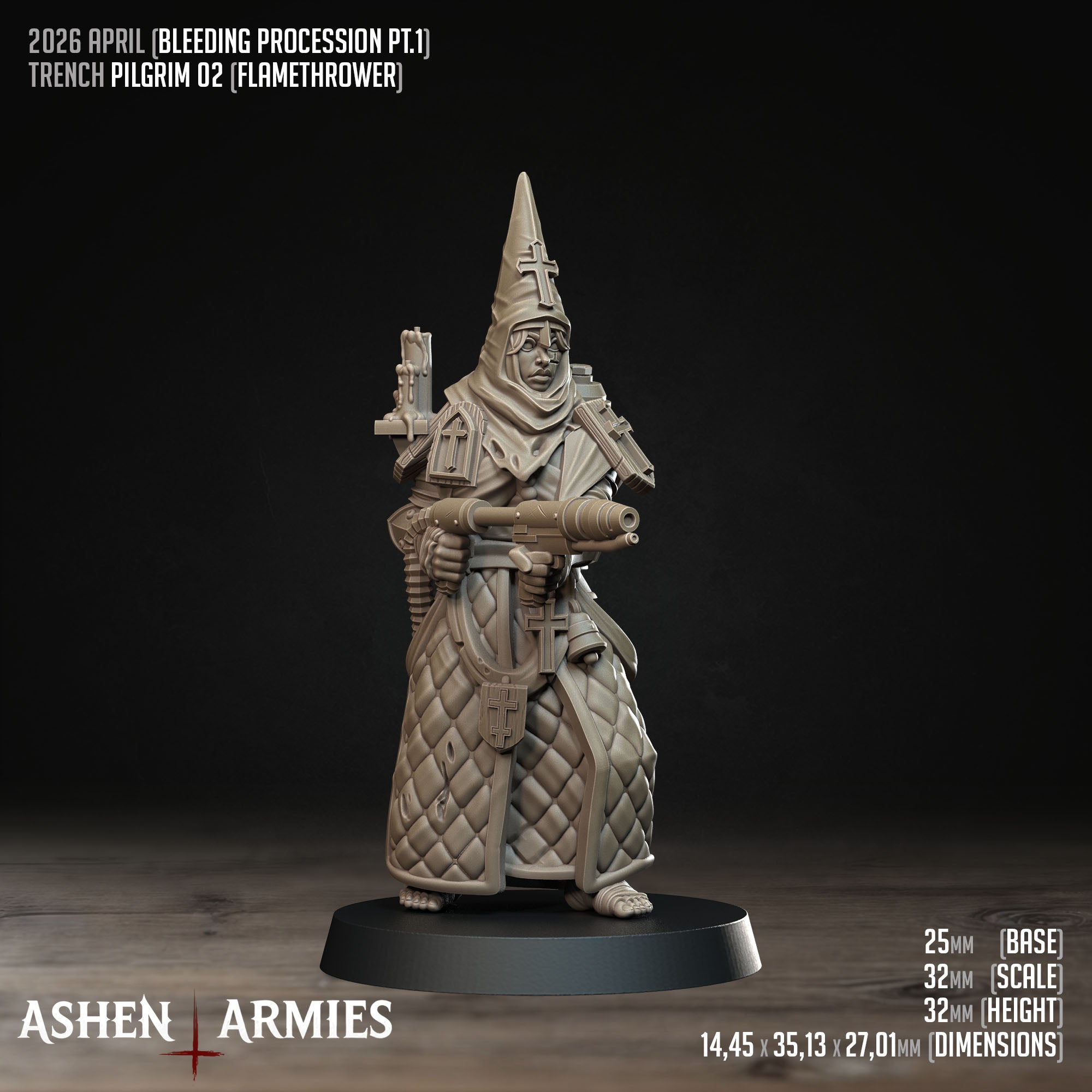 Ashen Armies Bleeding Procession Pilgrim resin miniature wearing a quilted coat.