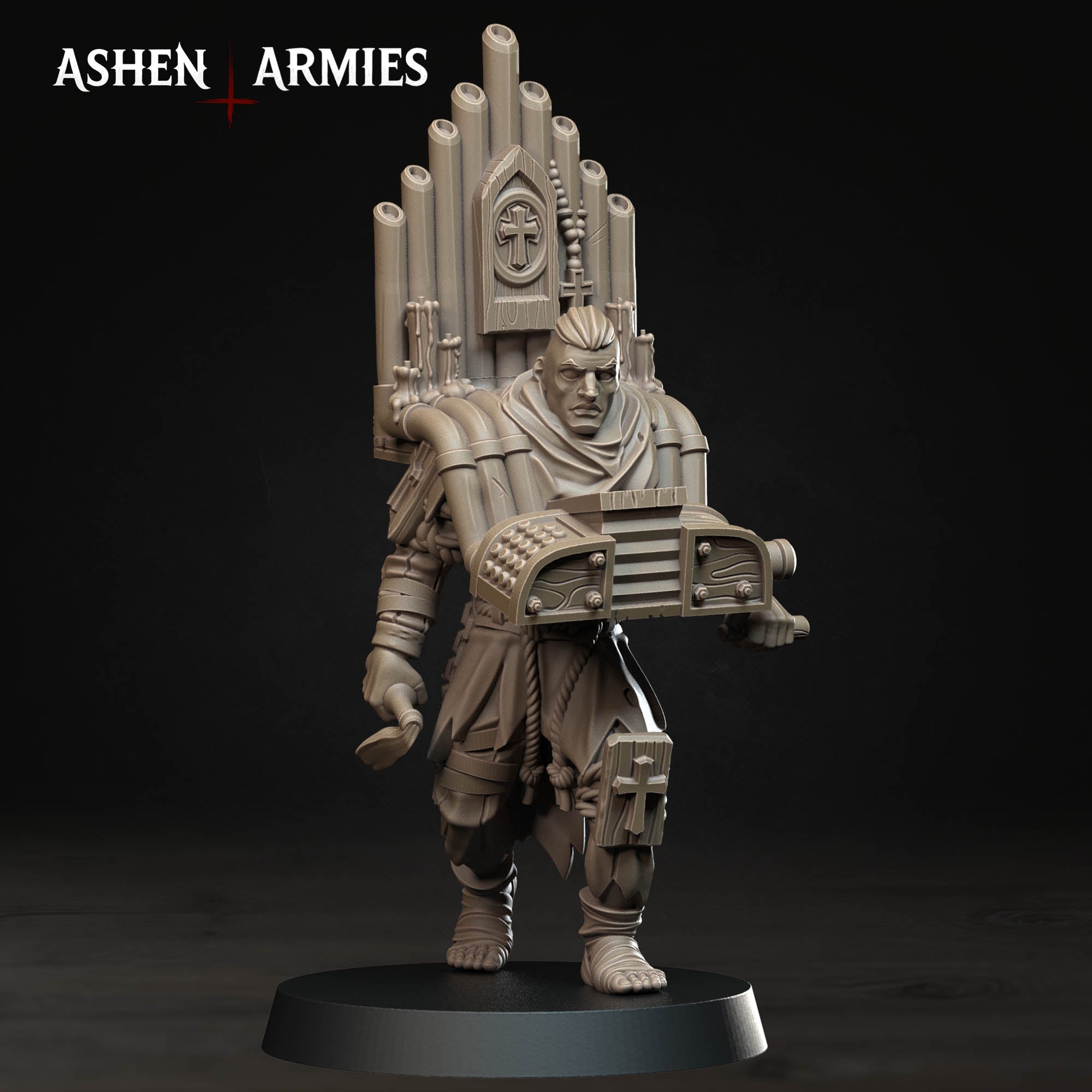 Ashen Armies Bleeding Procession Musician Pilgrim resin miniature with organ and face