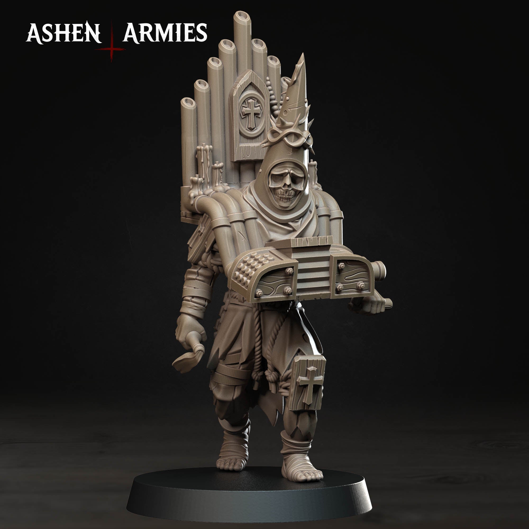 Ashen Armies Bleeding Procession Musician Pilgrim resin miniature with organ and skull