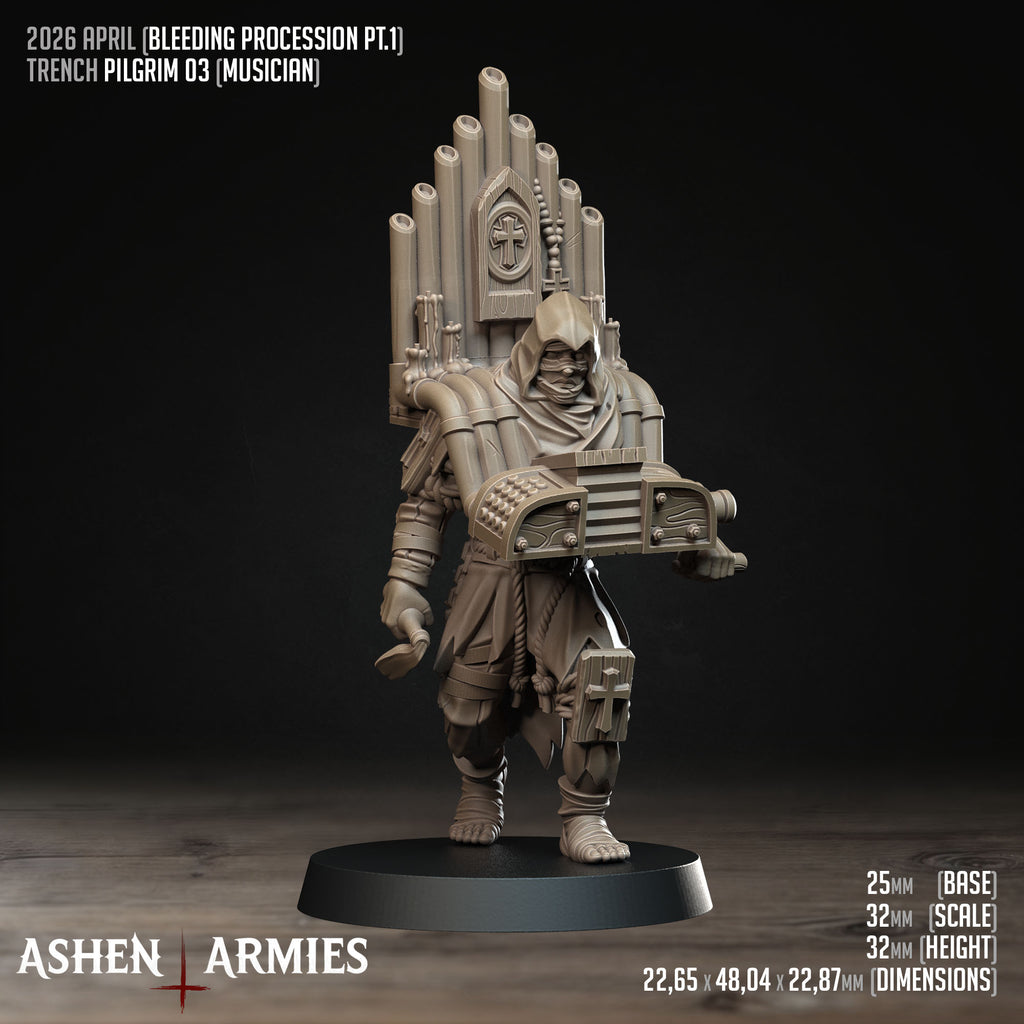 Ashen Armies Bleeding Procession Pilgrim resin miniature with a church organ backpack.