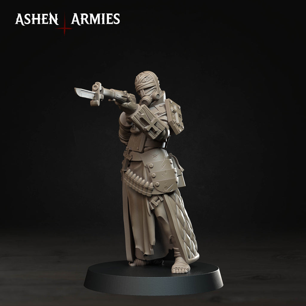 Ashen Armies Bleeding Procession Pilgrim resin miniature with bolt action and gas mask head.