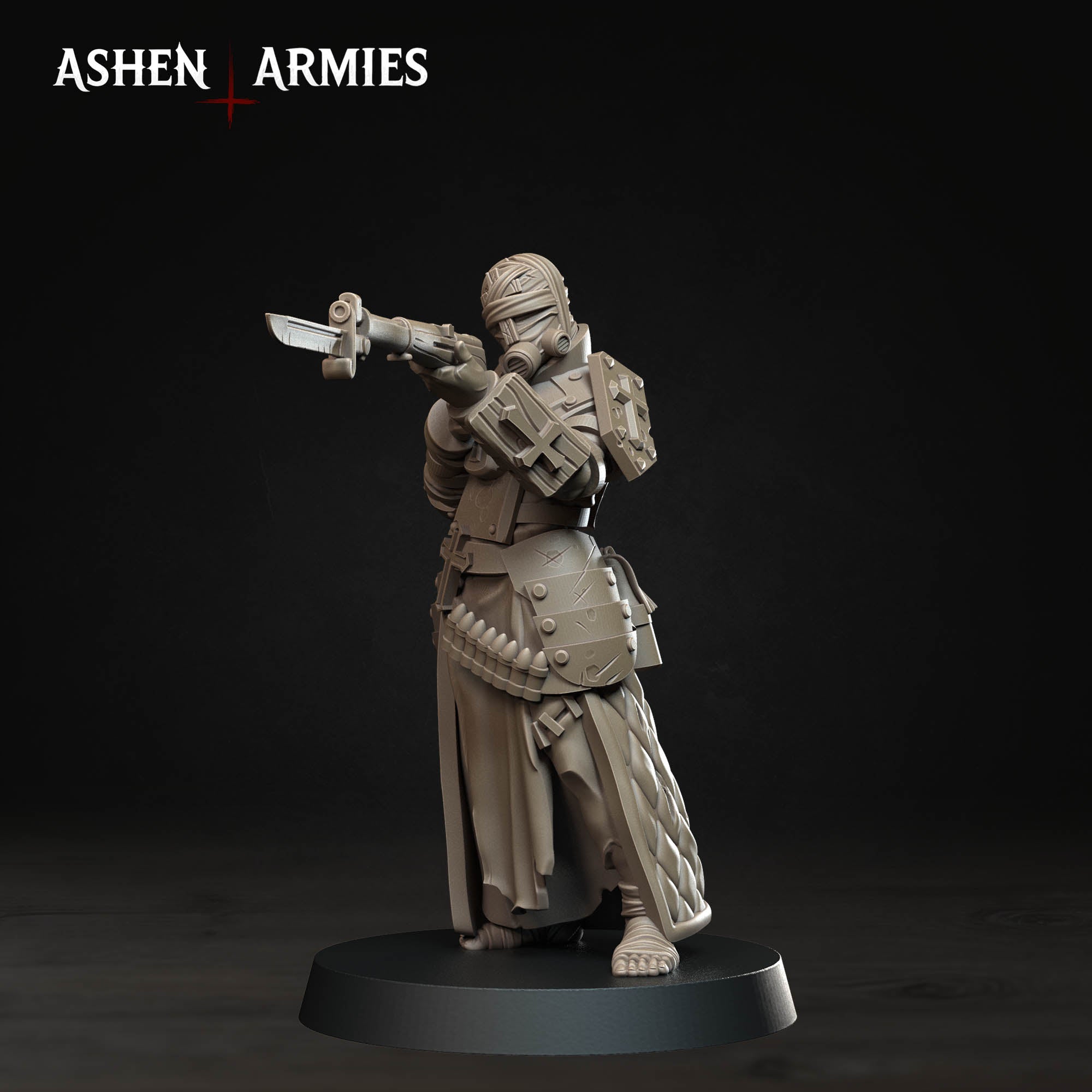 Ashen Armies Bleeding Procession Pilgrim resin miniature with bolt action and gas mask head.