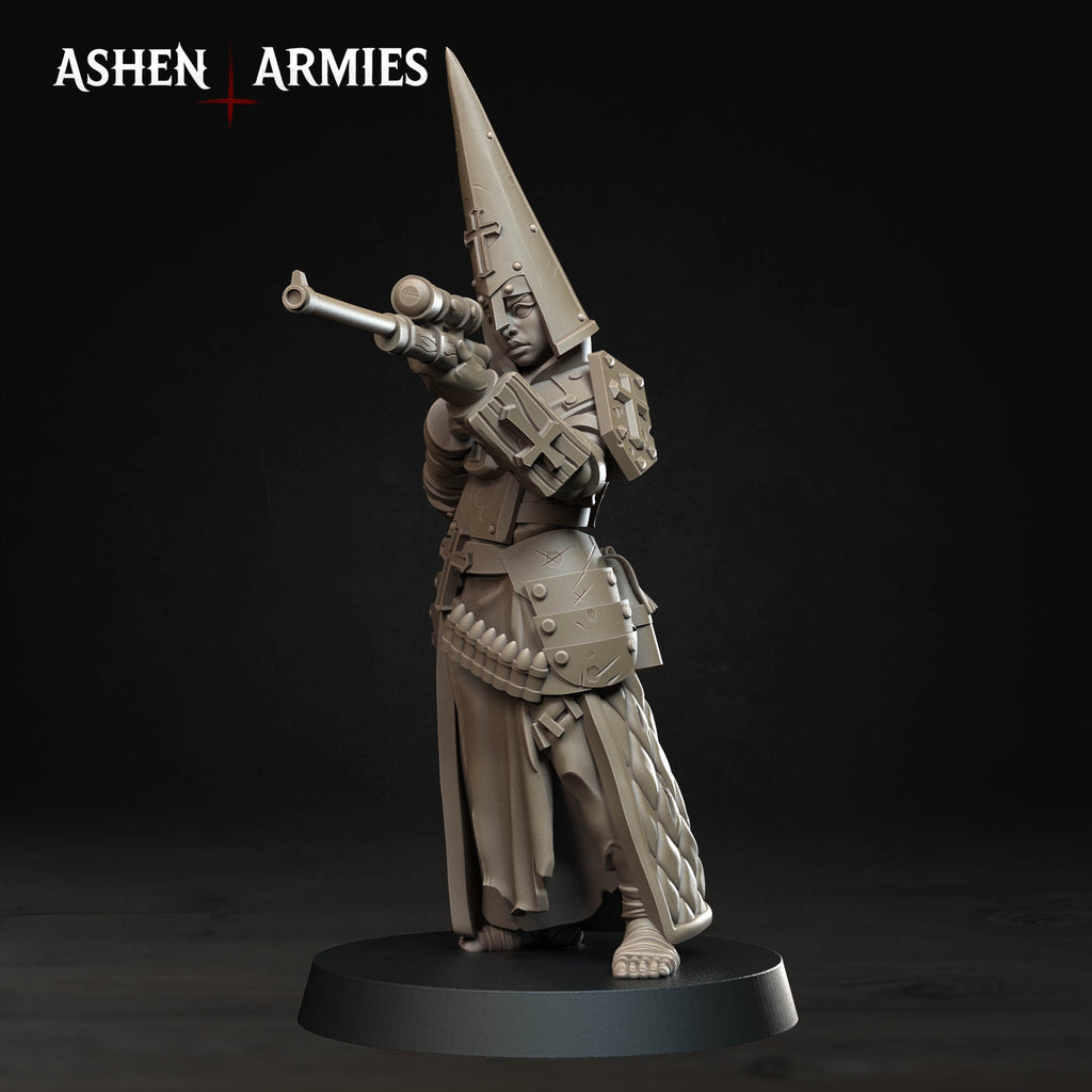 Ashen Armies Bleeding Procession Sniper Pilgrim resin miniature with capirote head