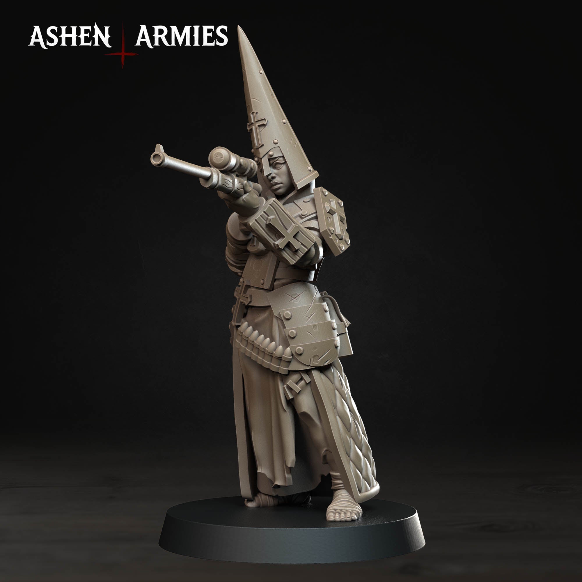 Ashen Armies Bleeding Procession Sniper Pilgrim resin miniature with capirote head