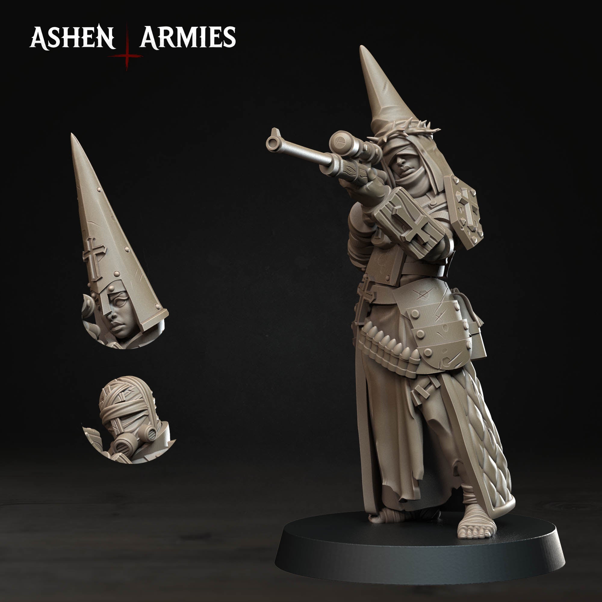 Ashen Armies Bleeding Procession Sniper Pilgrim resin miniature showing different head options.