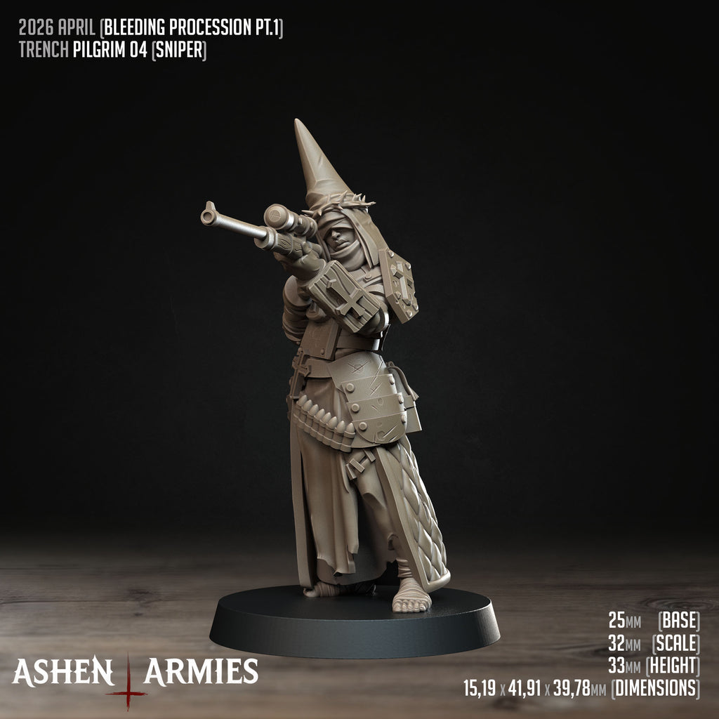Ashen Armies Bleeding Procession Pilgrim resin miniature aiming a weapon.
