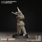 Ashen Armies Bleeding Procession Pilgrim resin miniature aiming a weapon.