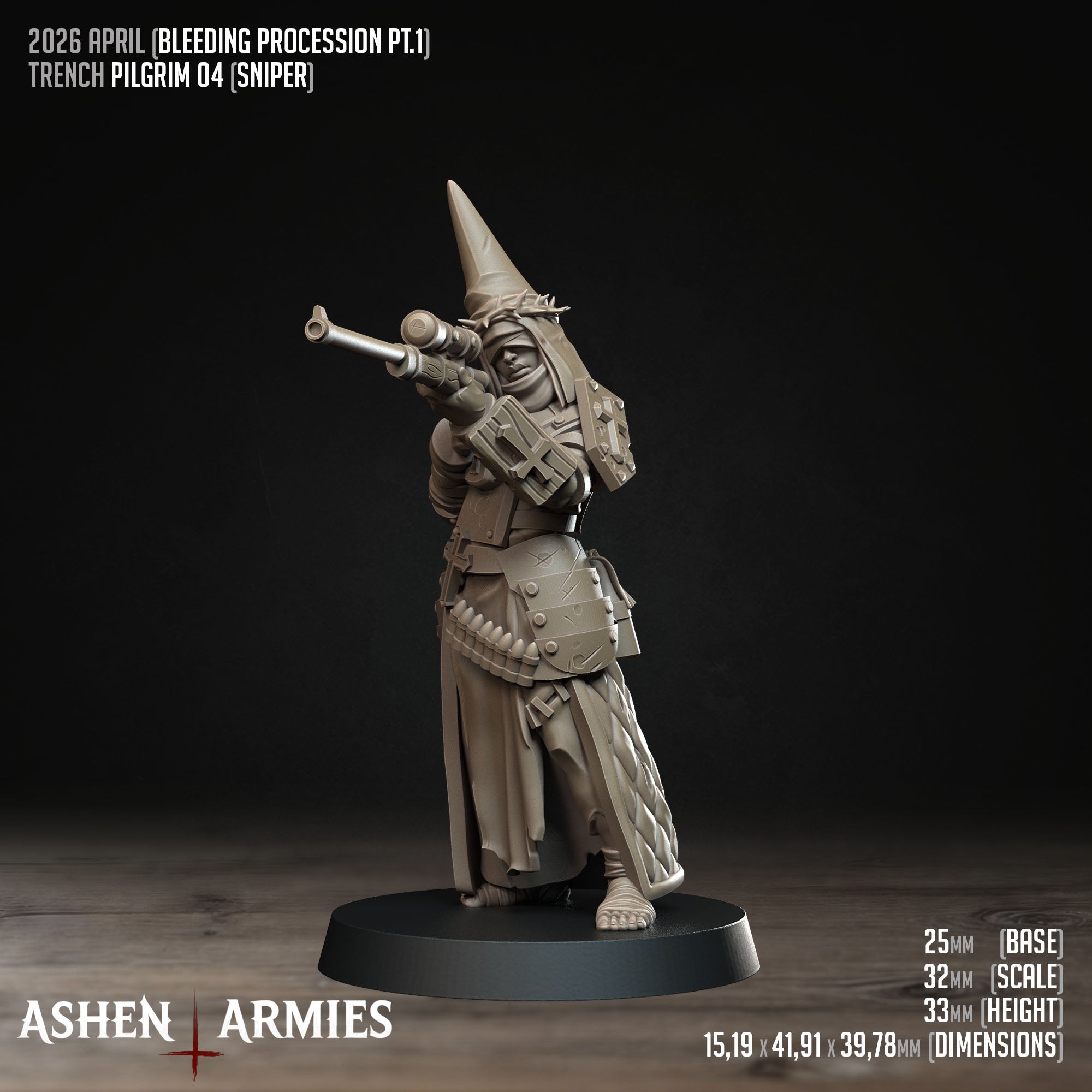 Ashen Armies Bleeding Procession Pilgrim resin miniature aiming a weapon.
