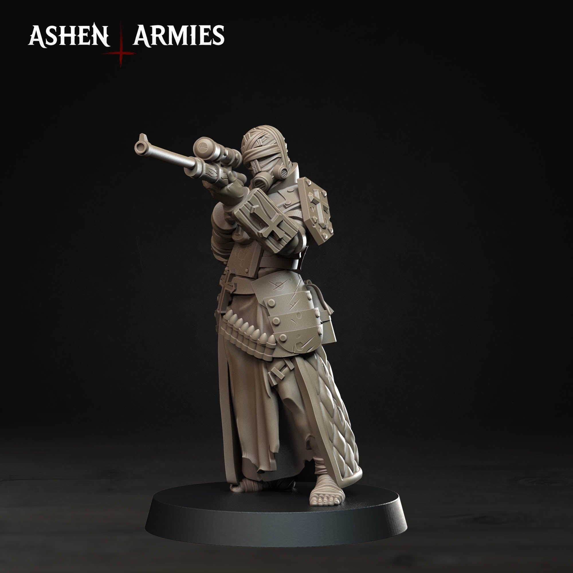 Ashen Armies Bleeding Procession Sniper Pilgrim resin miniature with gas mask head