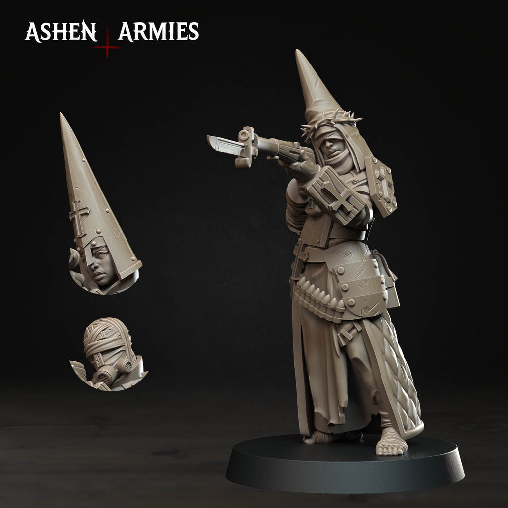 Ashen Armies Bleeding Procession Pilgrim resin miniature with bolt action showing different head options.