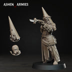 Ashen Armies Bleeding Procession Pilgrim resin miniature with bolt action showing different head options.