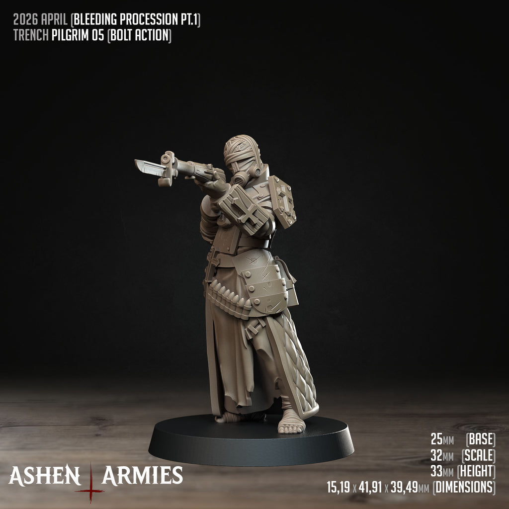 Ashen Armies Bleeding Procession Pilgrim resin miniature with bolt action and gas mask head. Showing stats