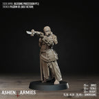 Ashen Armies Bleeding Procession Pilgrim resin miniature with bolt action and gas mask head. Showing stats