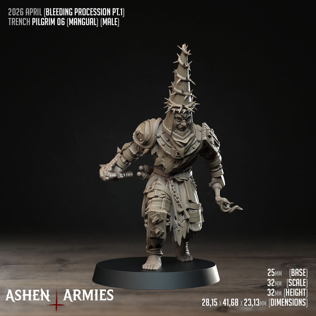 Ashen Armies Bleeding Procession Pilgrim resin miniature with a tall cone shaped thorn hat.