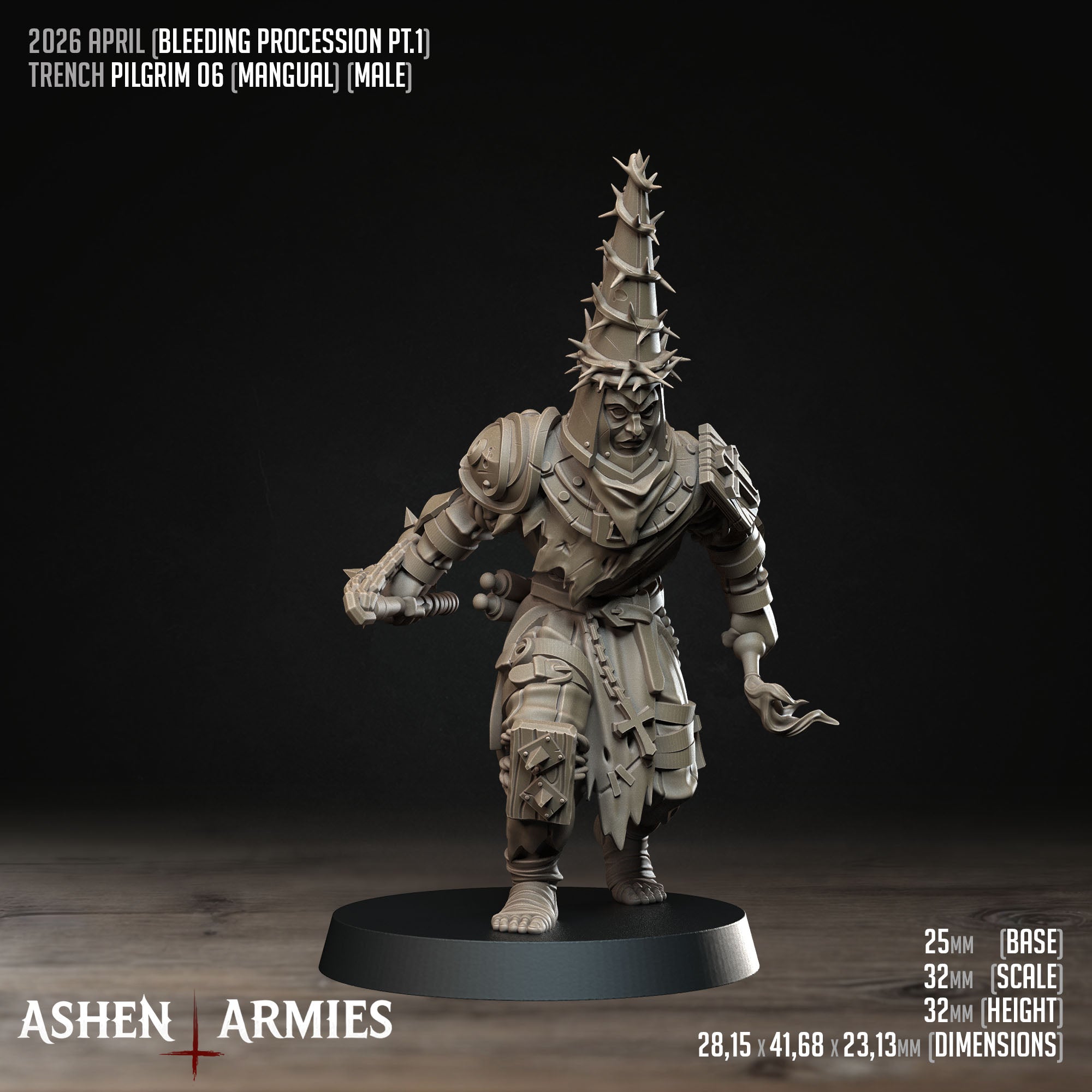 Ashen Armies Bleeding Procession Pilgrim resin miniature with a tall cone shaped thorn hat.
