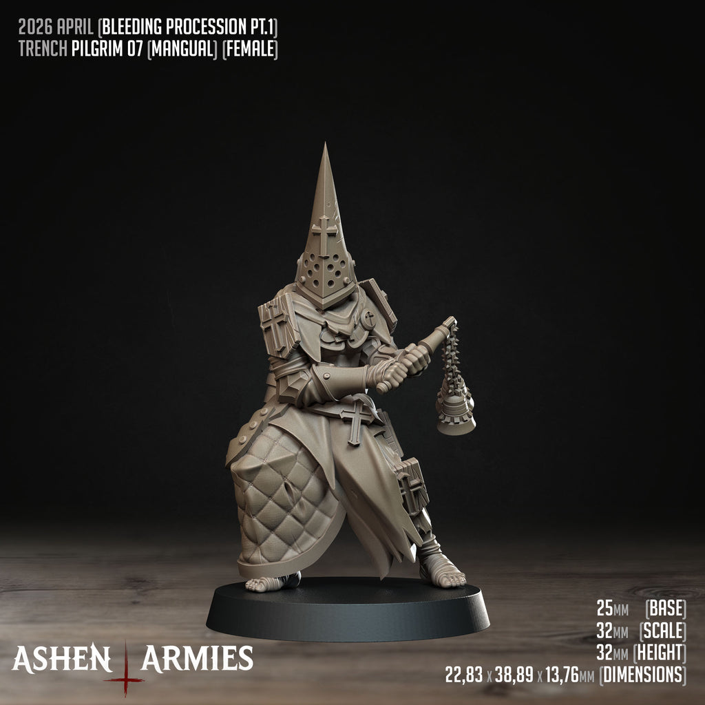 Ashen Armies Bleeding Procession Pilgrim resin miniature carrying some bells.