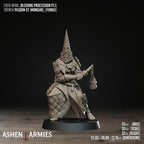Ashen Armies Bleeding Procession Pilgrim resin miniature carrying some bells.
