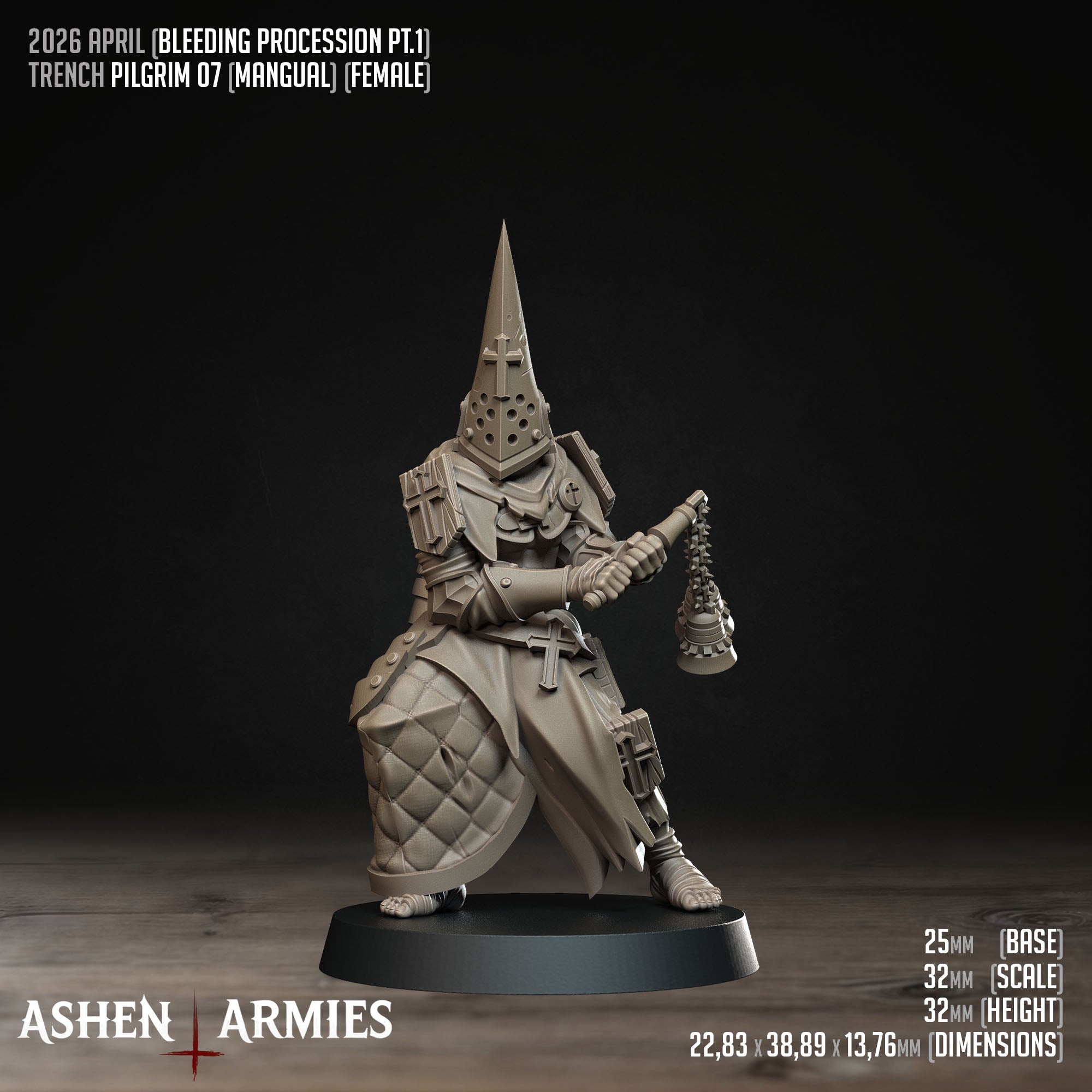 Ashen Armies Bleeding Procession Pilgrim resin miniature carrying some bells.