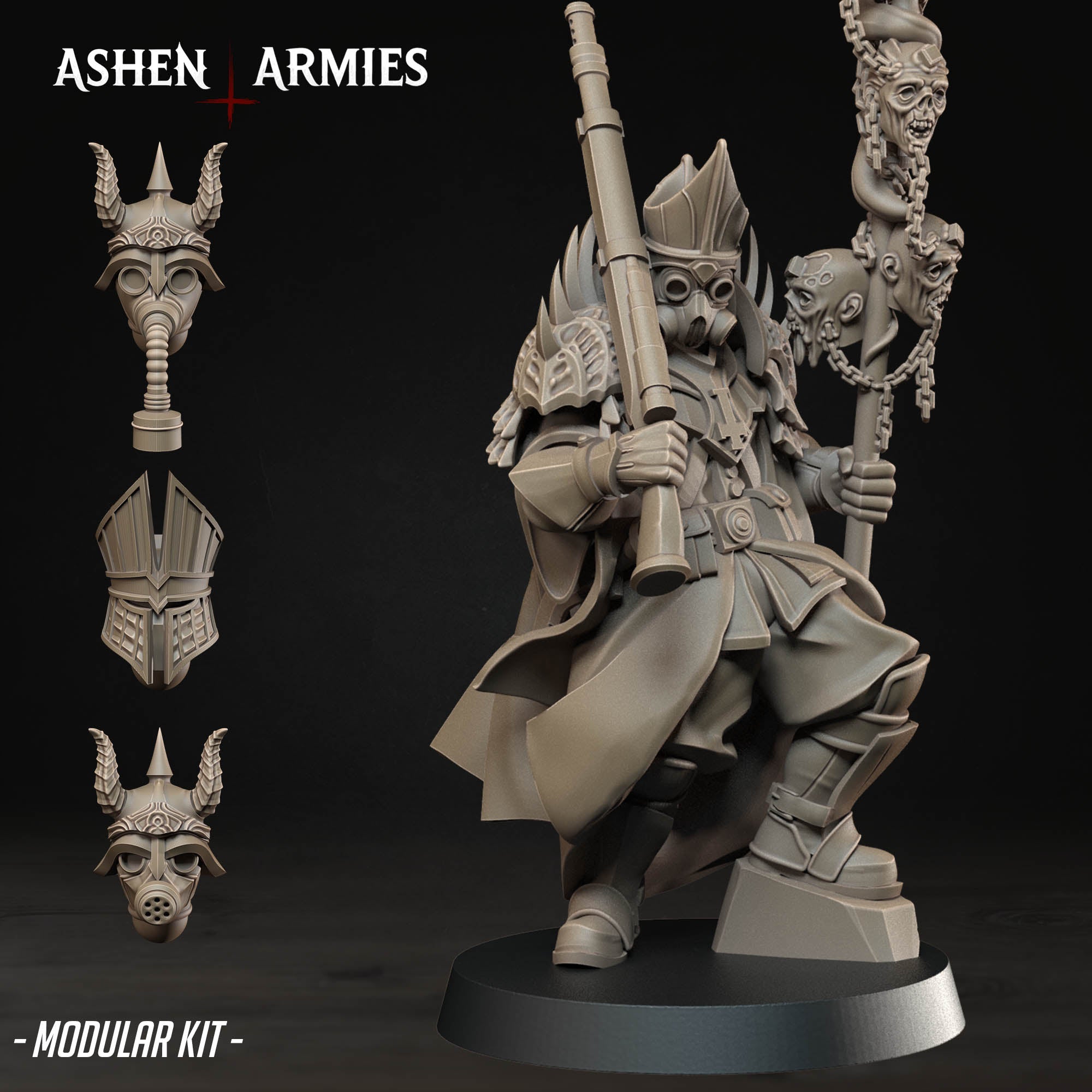 Ashen Armies Hellbound Apostasy Heretic Priest resin miniature with rifle and spear. Showing different head options..
