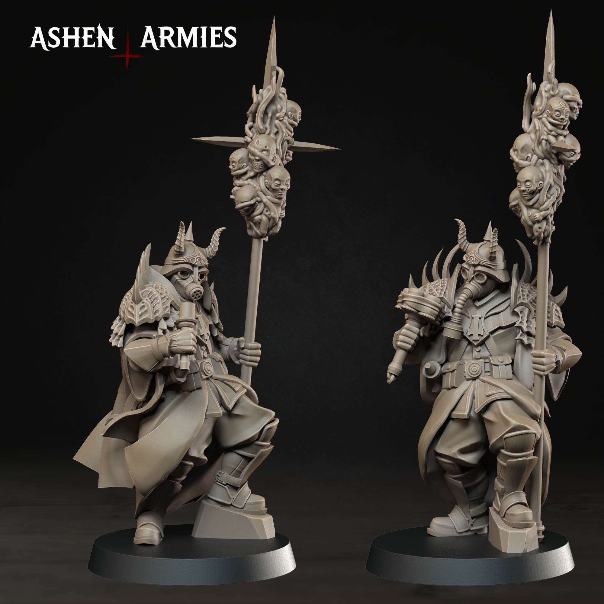 Two Ashen Armies Hellbound Apostasy Heretic Priest resin miniatures showing different head, weapon and spear options.