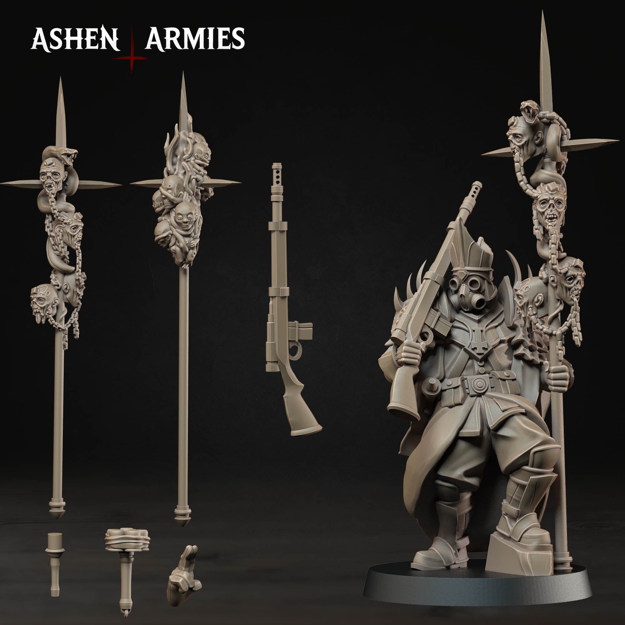 Ashen Armies Hellbound Apostasy Heretic Priest resin miniature with rifle and spear. Showing different weapon and spear options.
