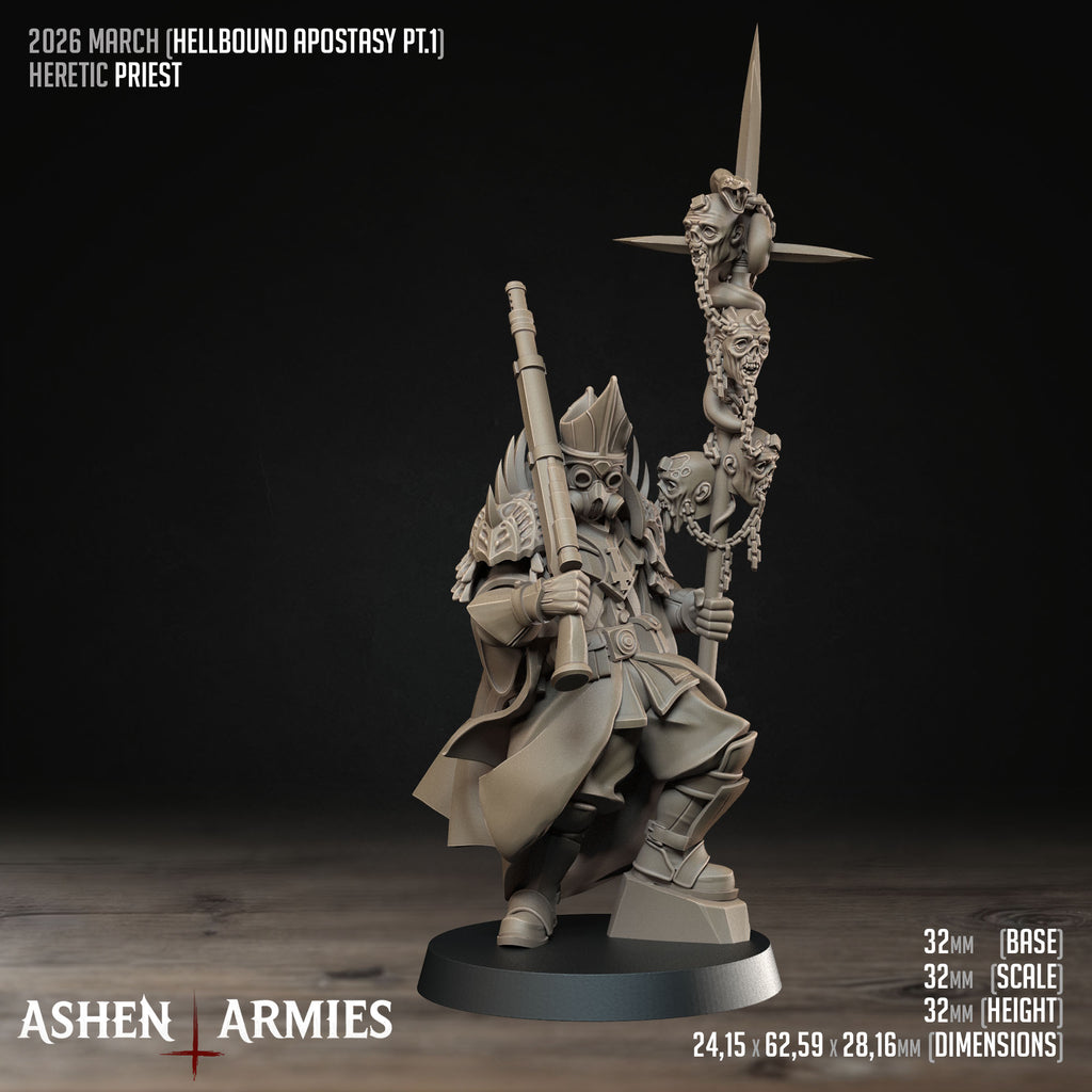 Ashen Armies Hellbound Apostasy Heretic Priest resin miniature with rifle and spear. Showing stats.