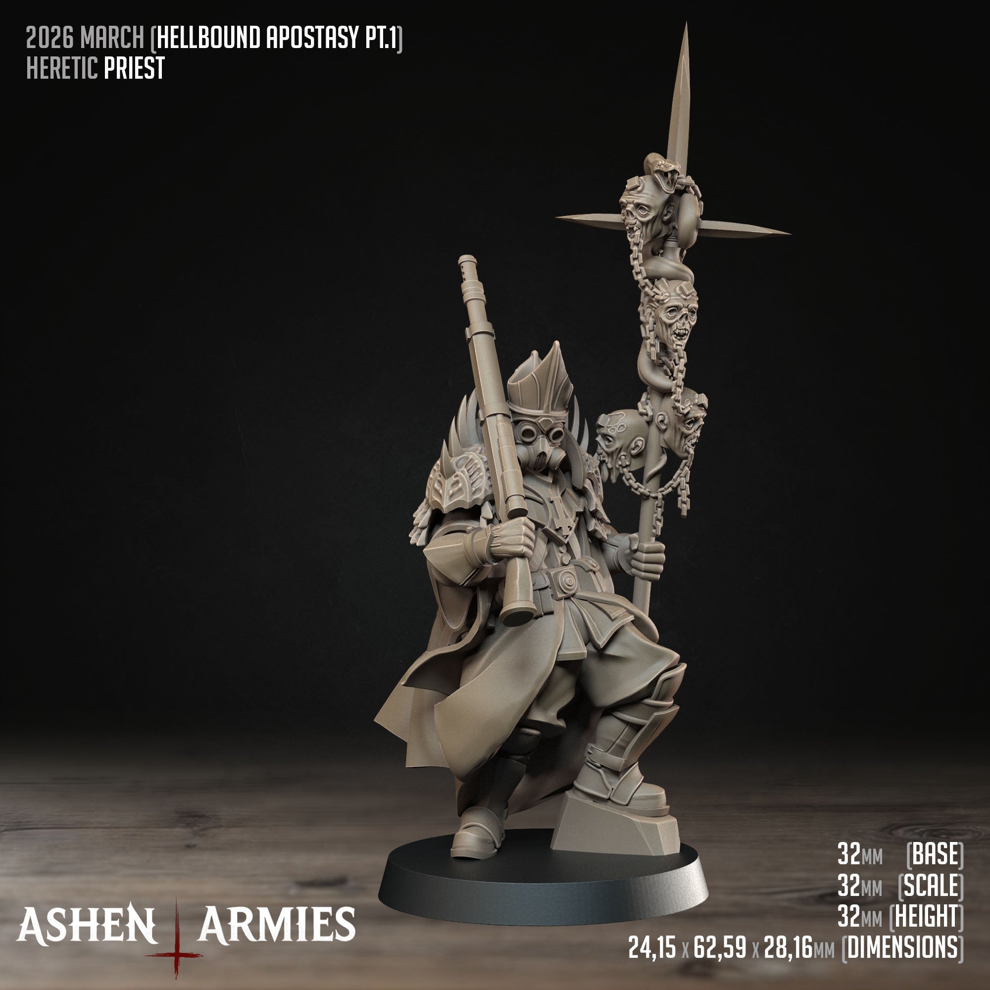 Ashen Armies Hellbound Apostasy Heretic Priest resin miniature with rifle and spear. Showing stats.