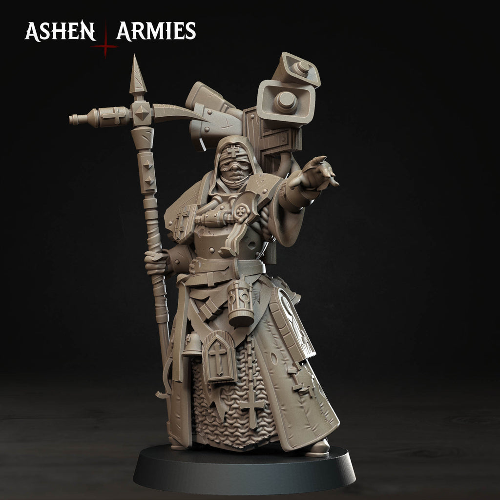 Ashen Armies Bleeding Procession War Prophet resin miniature with a blindfolded head. Pointing one hand and holding a cross.