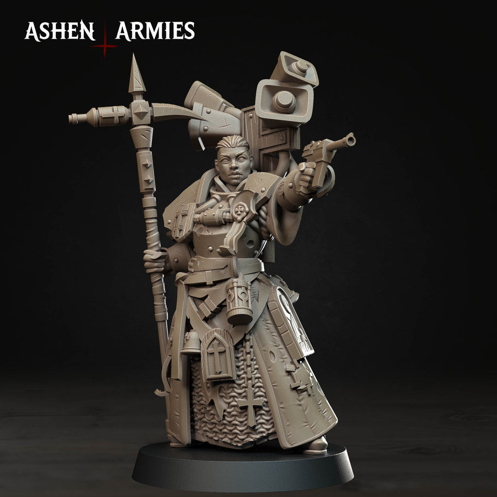 Ashen Armies Bleeding Procession War Prophet resin miniature with an exposed head. Aiming a weapon and holding a cross.