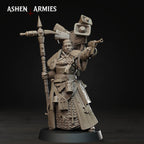 Ashen Armies Bleeding Procession War Prophet resin miniature with an exposed head. Aiming a weapon and holding a cross.