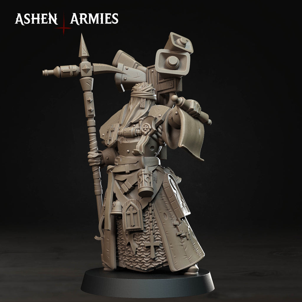 Ashen Armies Bleeding Procession War Prophet resin miniature with a hooded head. Holding a scroll.
