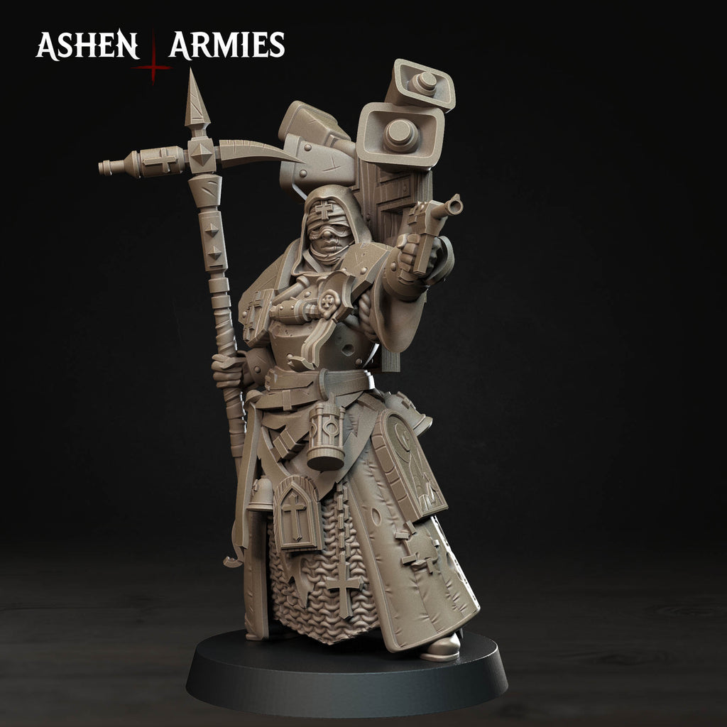 Ashen Armies Bleeding Procession War Prophet resin miniature with a blindfolded head and aiming a weapon.