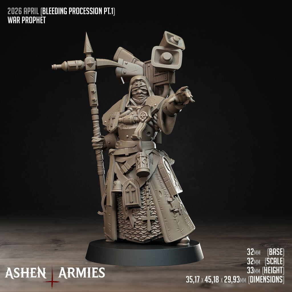 Ashen Armies Bleeding Procession War Prophet resin miniature with a blindfolded head, pointing one hand.