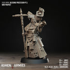 Ashen Armies Bleeding Procession War Prophet resin miniature with a blindfolded head, pointing one hand.