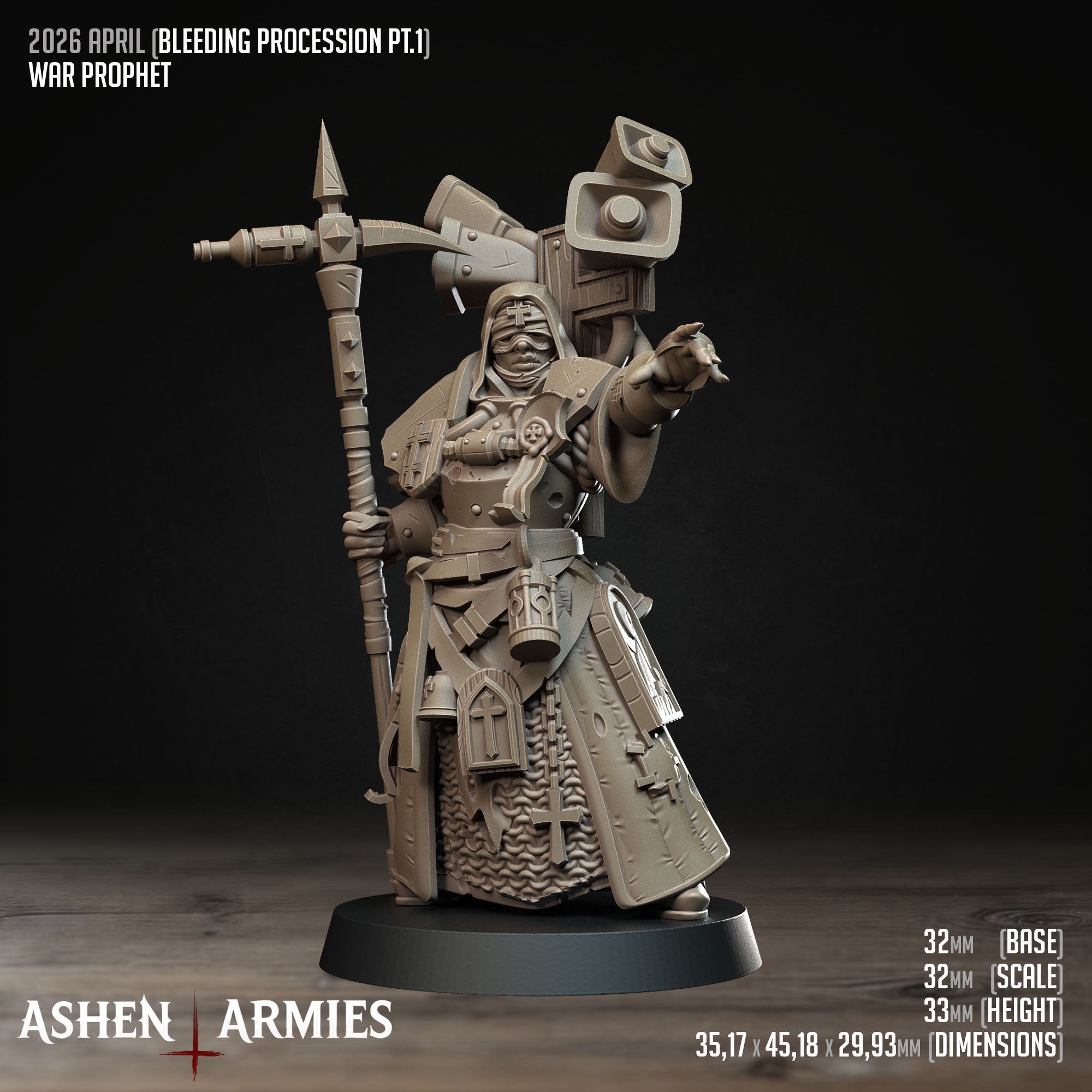 Ashen Armies Bleeding Procession War Prophet resin miniature with a blindfolded head, pointing one hand.