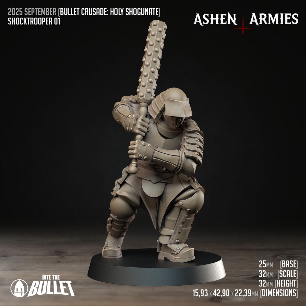 Ashen Armies Holy Shogunate Shock trooper resin miniature with mask and large kanabo. Front view showing stats.