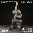 Ashen Armies Holy Shogunate Shock trooper resin miniature with mask and large kanabo. Front view showing stats.