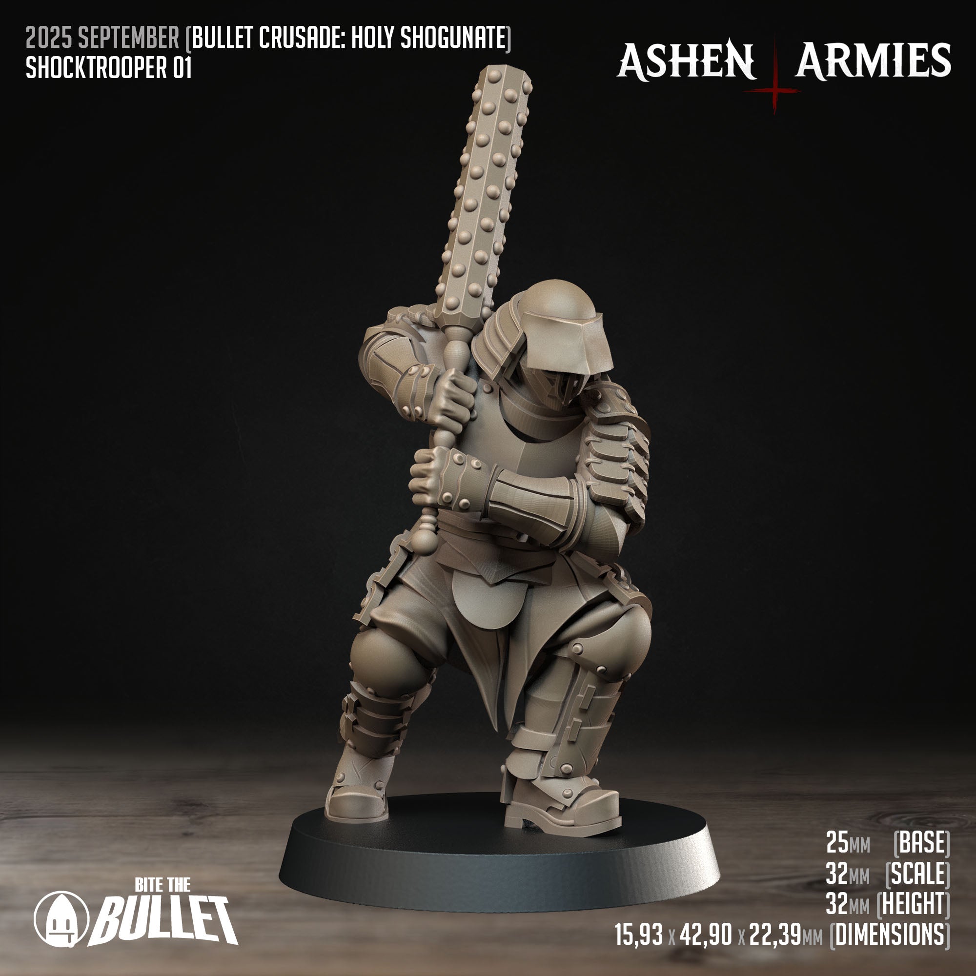 Ashen Armies Holy Shogunate Shock trooper resin miniature with mask and large kanabo. Front view showing stats.